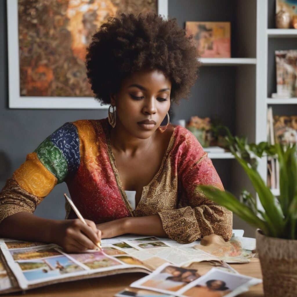 An African origin woman using a vision board to achieve her goal